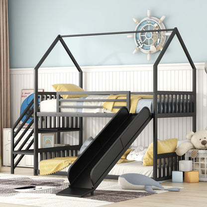 Twin Over Twin Metal Bunk Bed House Bed With Slide And Staircase