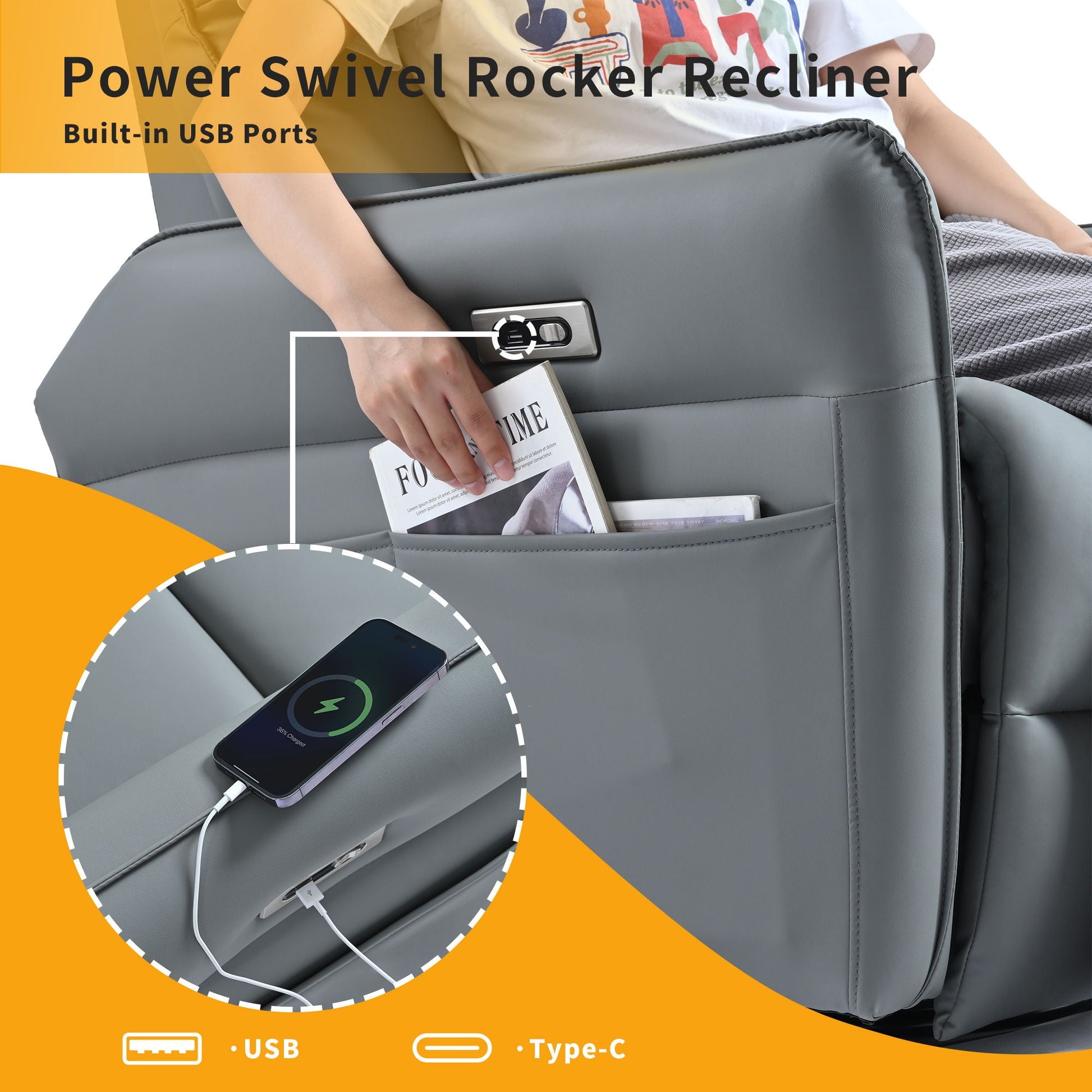 270° Power Swivel Rocker Glider Recliner Chair With USB Ports Home Essentials