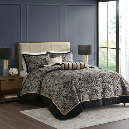 Aubrey - 5 Piece Jacquard Bedspread Set With Throw Pillows - Black Madison Park