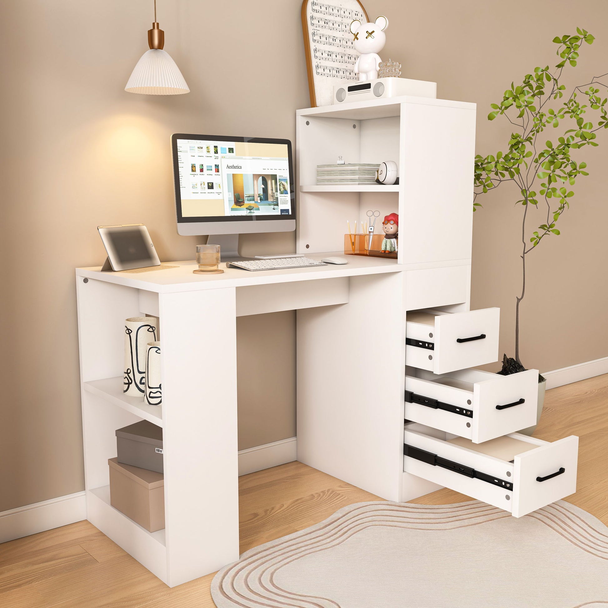 Modern Computer Desk With Built In Socket 3 Slide Drawers 4 Storage Levels - White Home Essentials