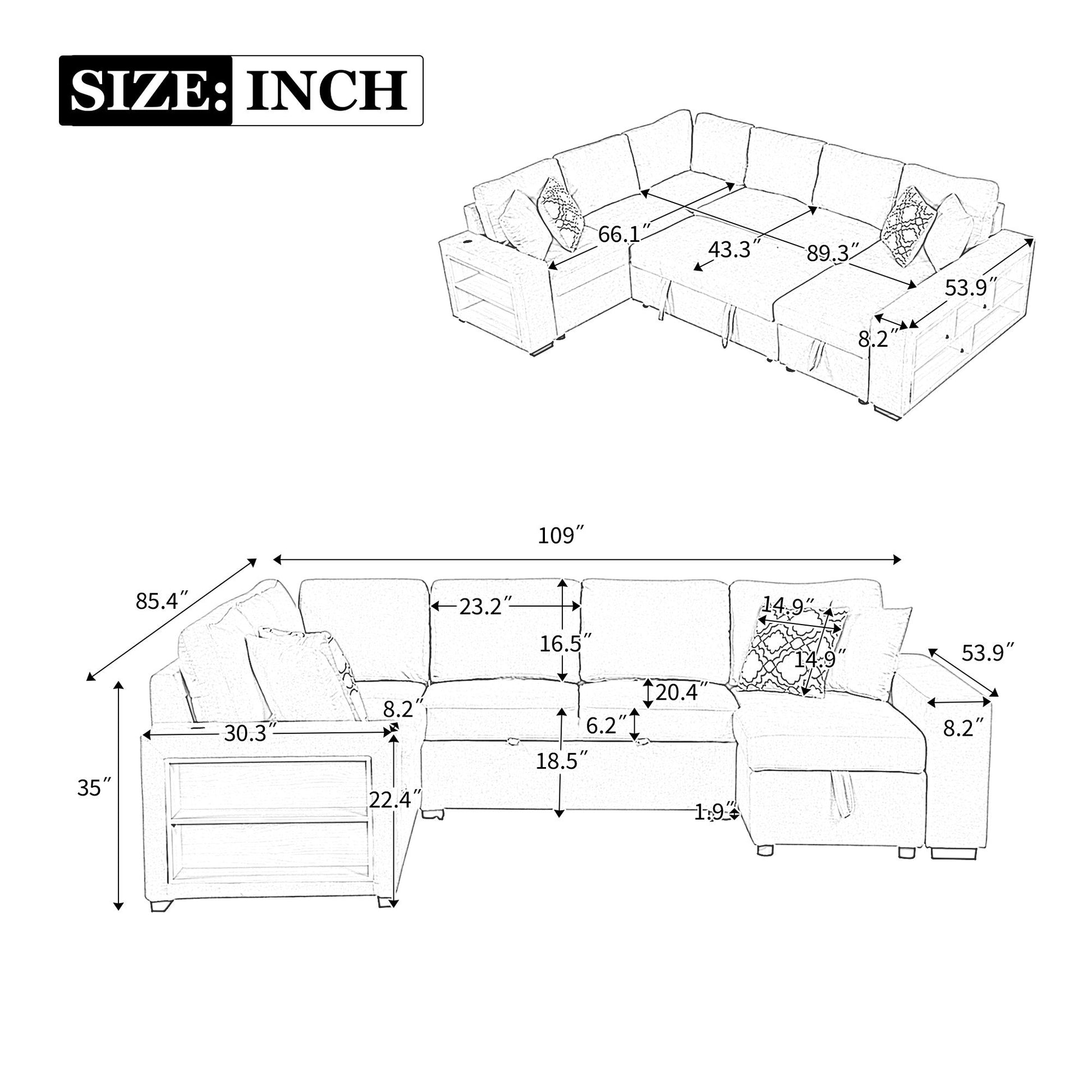 U-Shaped Sectional Sofa Pull-Out Sofa Bed With Two USB Ports, A Storage Chaise Lounge And Four Back Pillows For Living Room Hearth and Haven