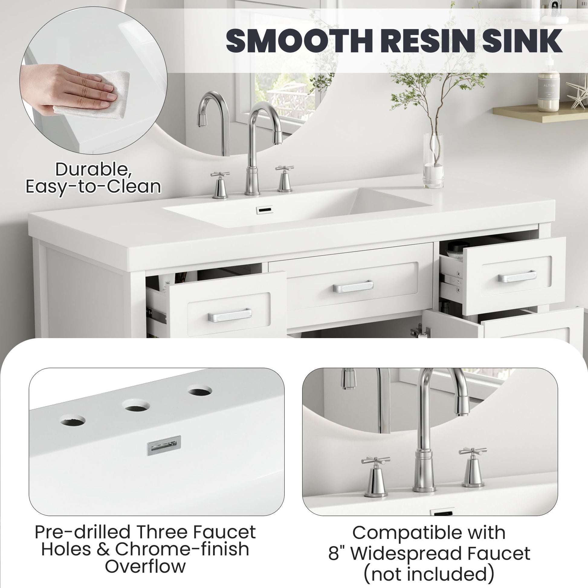 Vanity Top With 3 Faucet Holes, Rectangular Basin For Bathroom - White Noble House