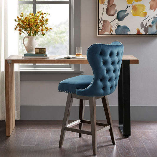 Hancock - Wingback Button Tufted Upholstered Swivel Counter Stool With Nailhead Accent - Dark Blue