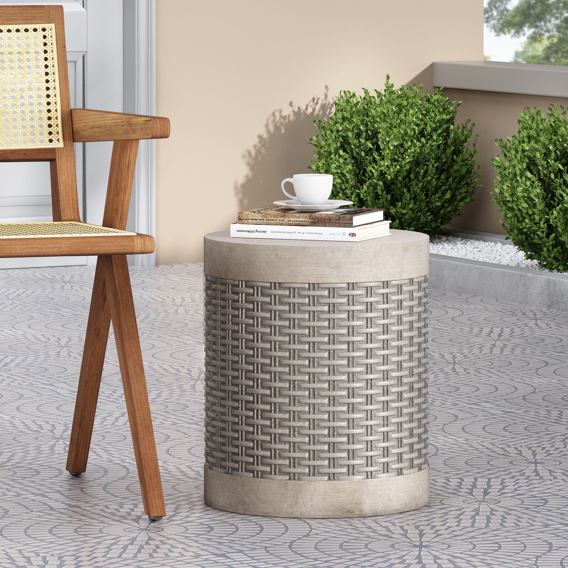 Outdoor Lightweight End Table Round Concrete Outdoor Side Table - Natural Noble House
