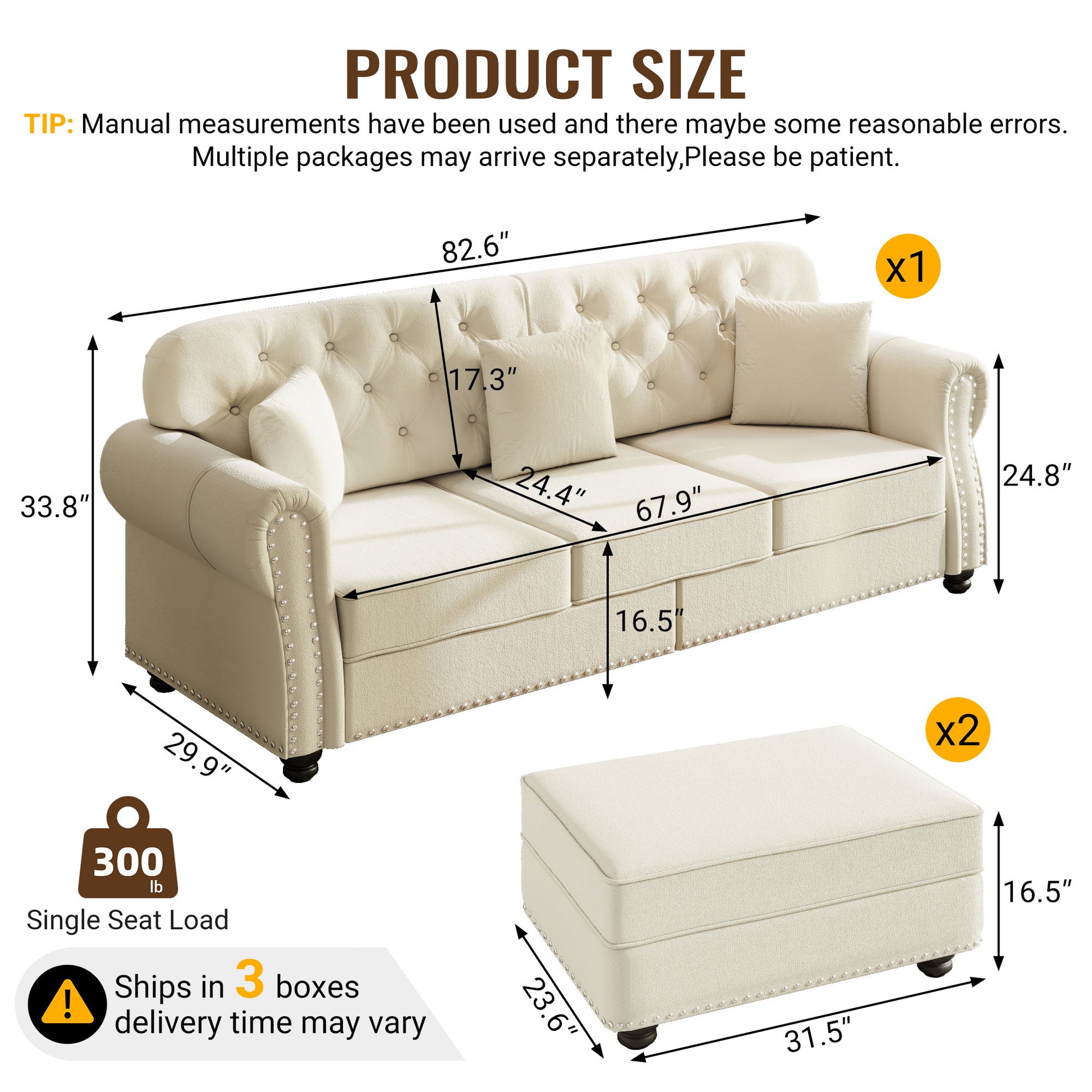 Upholstered Sofa Set With Nailhead Trim And Rolled Armrests, Includes Pillows Home Essentials