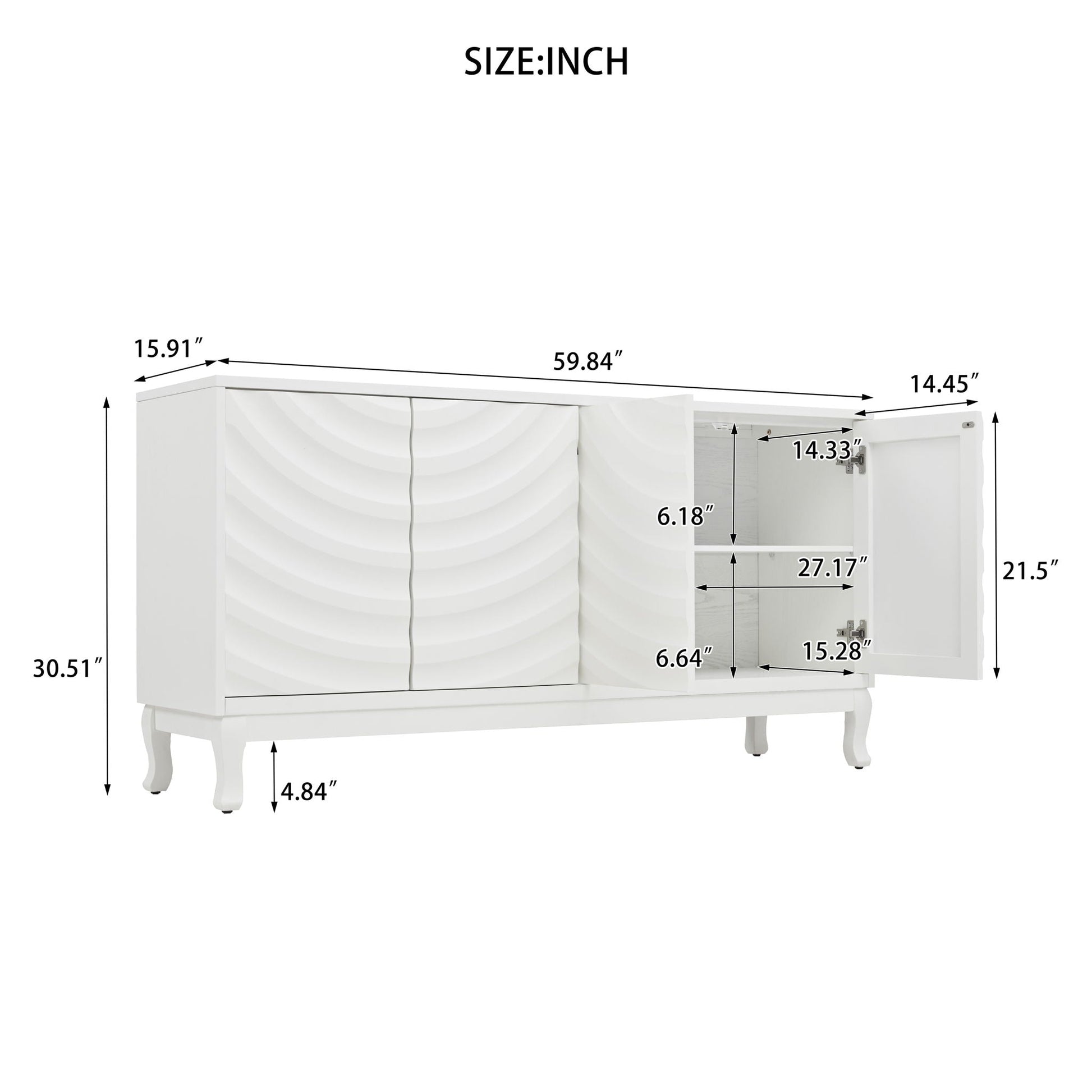 Elegant Sideboard With Sophisticated Wavy Pattern Doors And Arched Groove Design, Adjustable 4 Door Layout Home Essentials