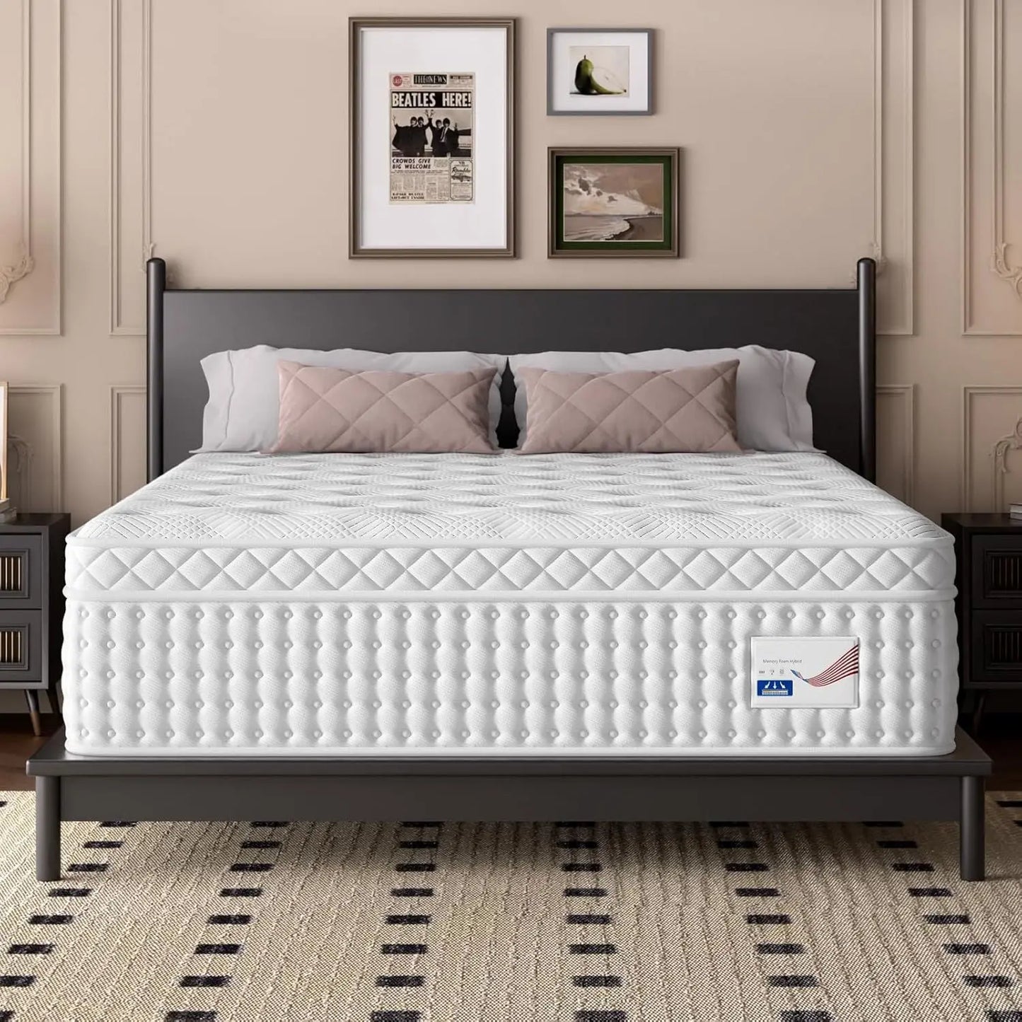 12" King Hybrid Mattress, Memory Foam & Pocket Spring Bed, Medium Firm Comfort, Spine Support, Quiet & Breathable - White Somnus Mattress USA