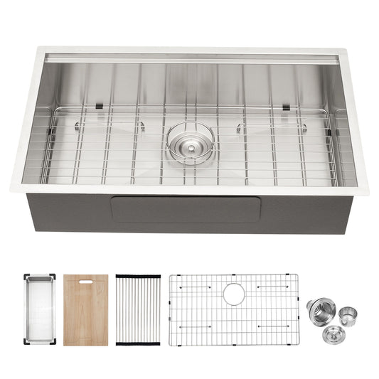 32" Undermount Kitchen Sink Brushed Nickel 16 Gauge Stainless Steel Single Bowl With Ledge Workstation, 32 X 19 X 9 Inch Daily Nest