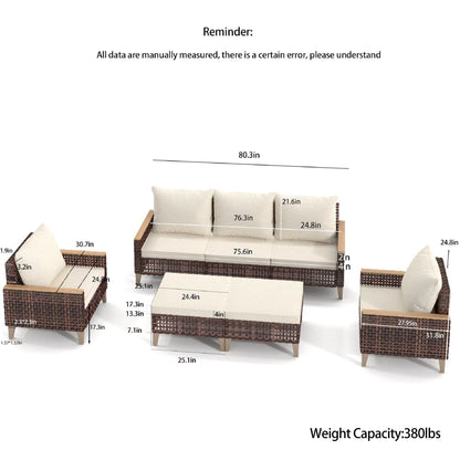 5 Piece Rattan Terrace Furniture Set, 7 Seats Cushions, High Footed Design Home Essentials