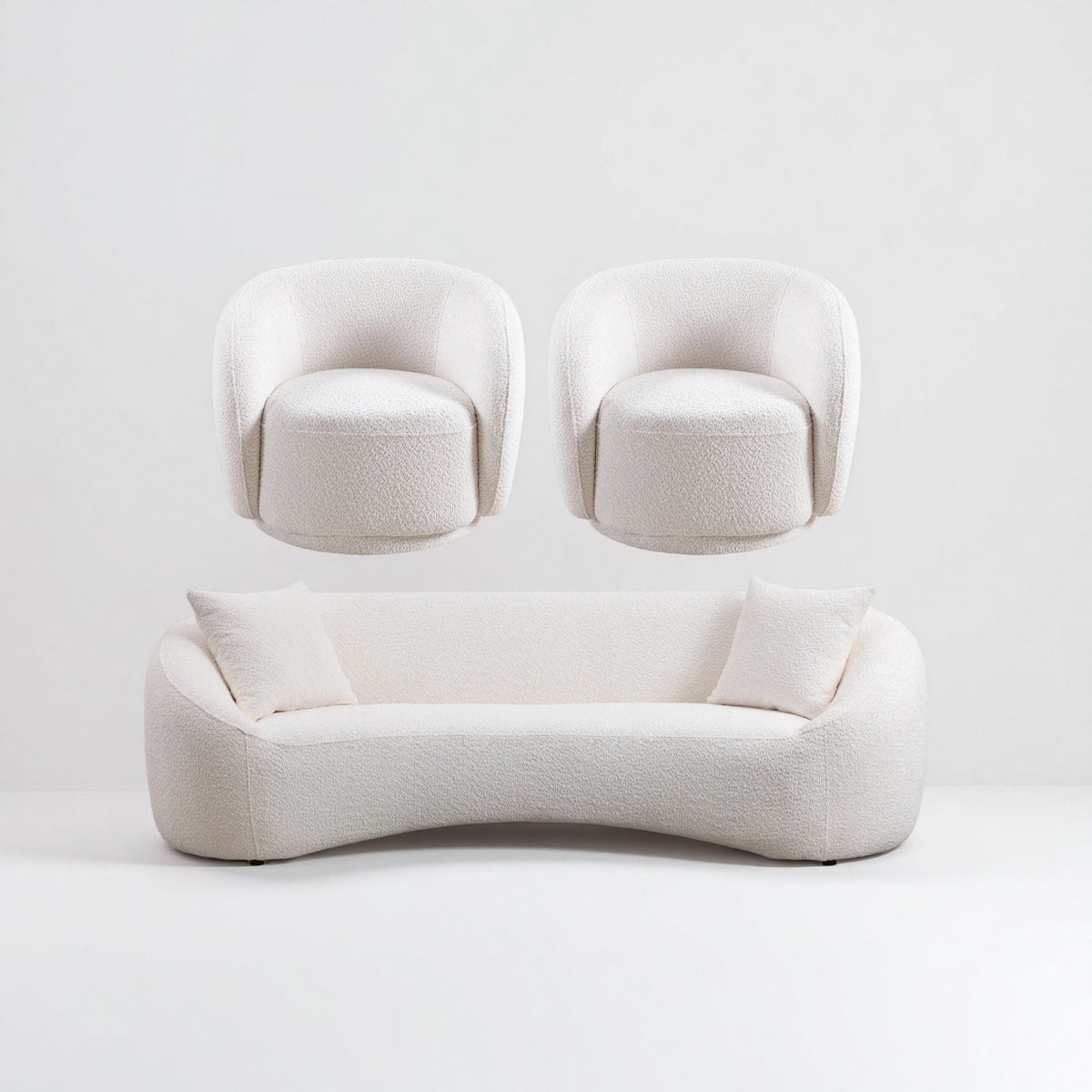 3 Piece Set Curved Sofa, Upholstered 3 Seater With Tight Curved Back For Living Room - White Home Essentials