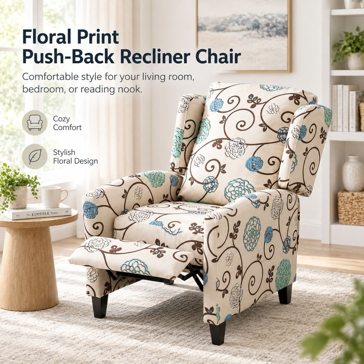Wingback Recliner Chair With Padded Arms - Beige Home Essentials