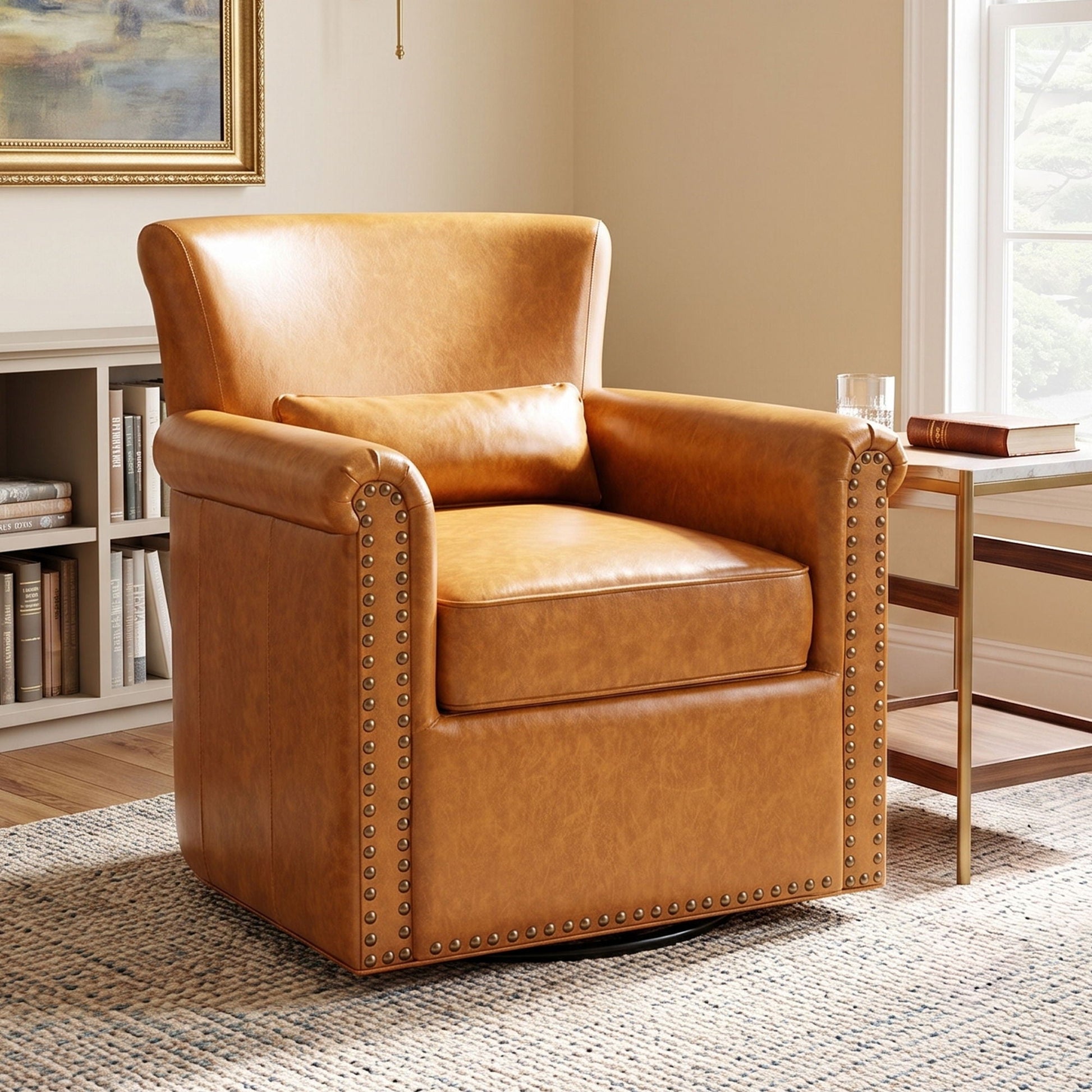 Swivel Accent Chair With Rolled Arm, Sewn Pillow Back, Nailhead Trim For Living Room Noble House