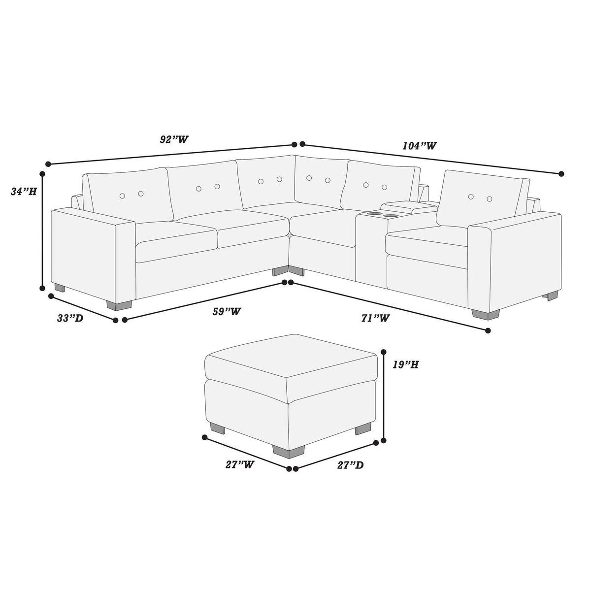 Sectional Set With Reversible Loveseat, USB Console, Corner Wedge & Ottoman Home Essentials