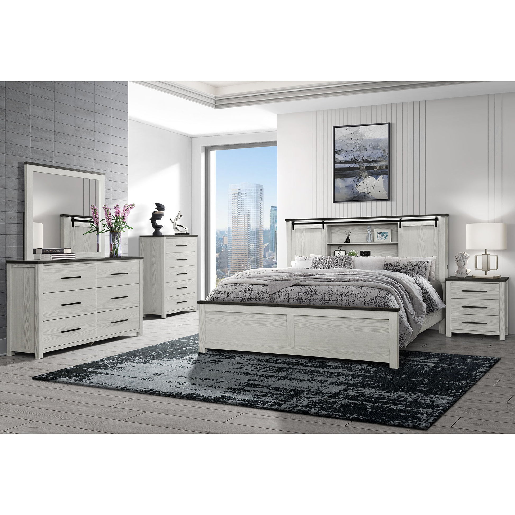 Avery - King Bedroom Set With Bookcase Headboard, Low Profile Bed, Spacious Drawers - Beige Global Furniture USA