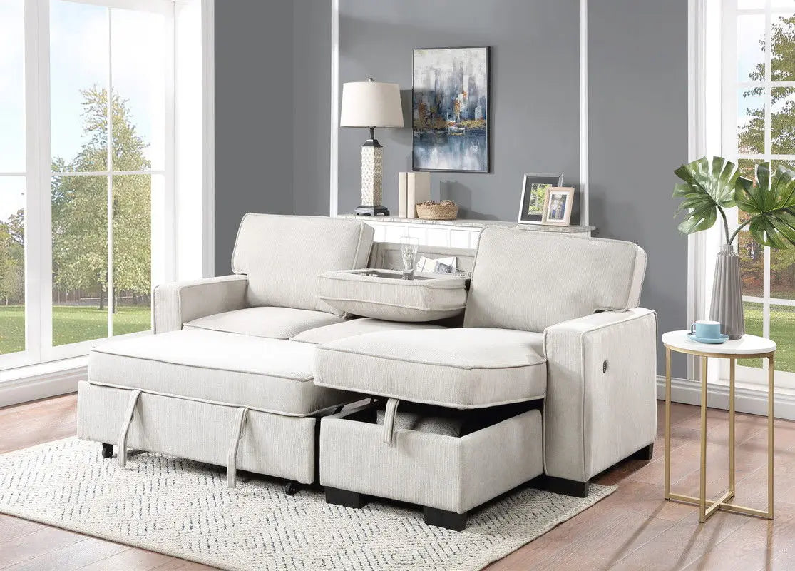 Estelle - Fabric Reversible Sleeper Sectional With Storage Chaise Drop-Down Table 2 Cup Holders And 2 USB Ports Lilola Home