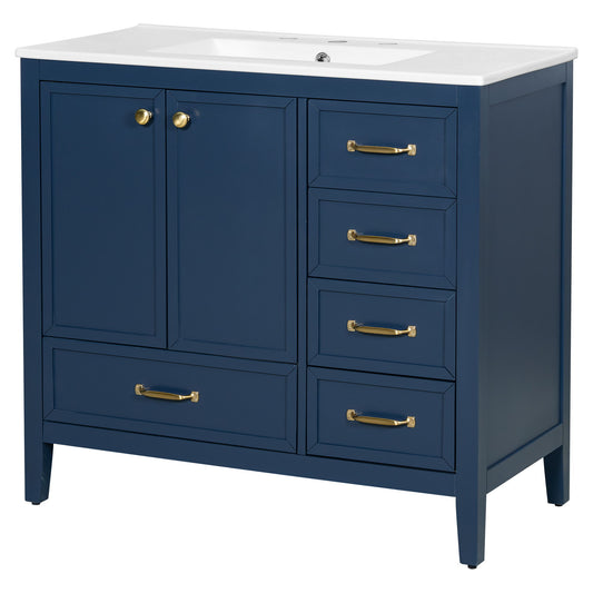 Elegant Vintage Bathroom Vanity With Sink And Soft Closing Door, 4 Drawers Of Different Sizes Frame Noble House
