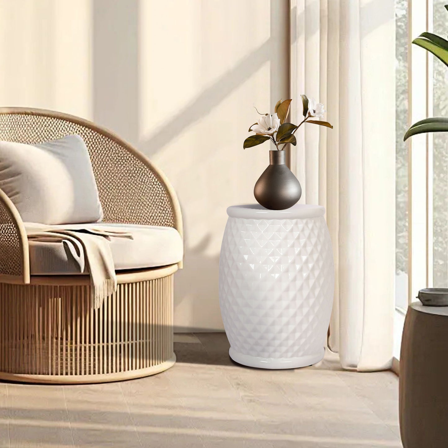Glazed Ceramic Drum Stool Indoor / Outdoor Side Table Ceramic - White Home Essentials