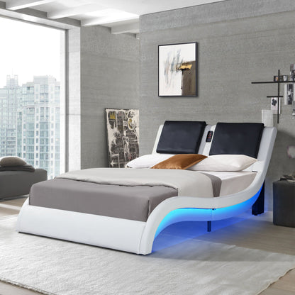 Upholstered Platform Bed Frame With LED Lighting, Bluetooth Connection To Play Music Control, Backrest Vibration Massage, Curve Design, Wood Slat Support, Exhibited Speakers Home Essentials
