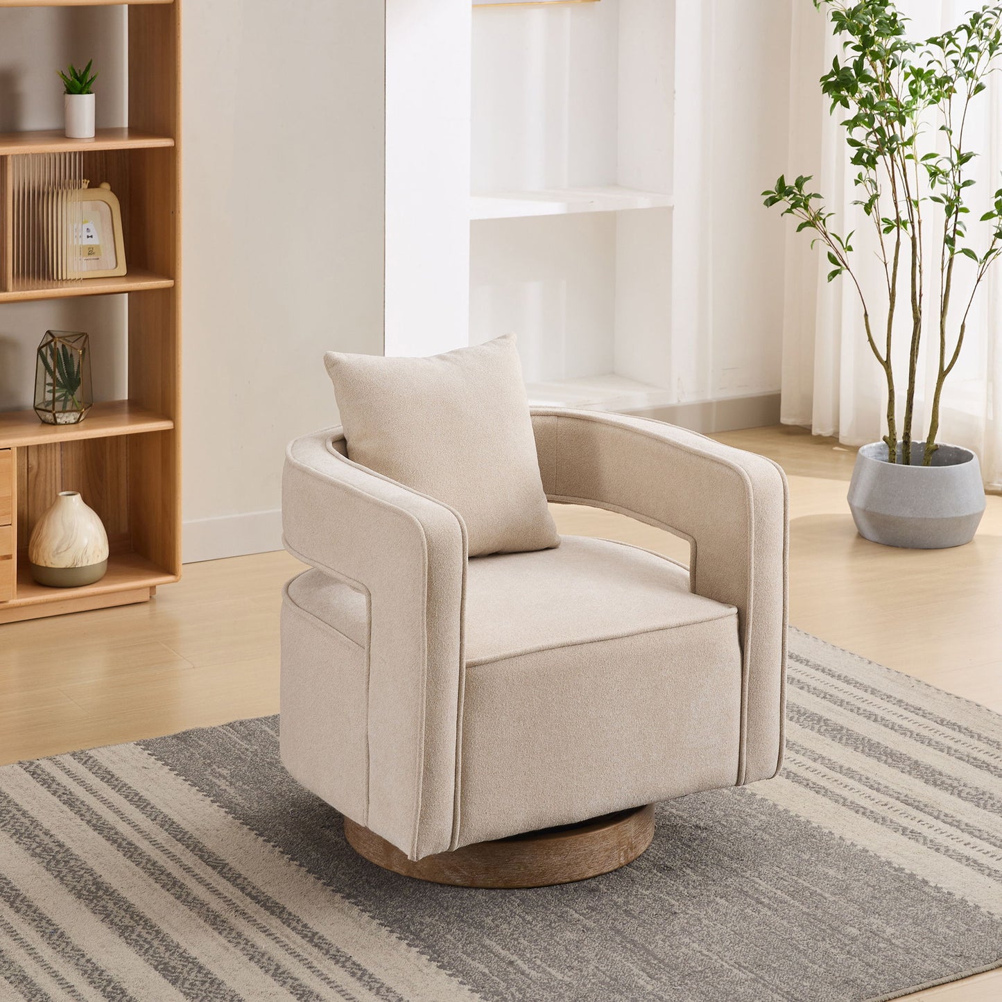 Swivel Accent Open Back Barrel Chair With Weathered Base Home Essentials