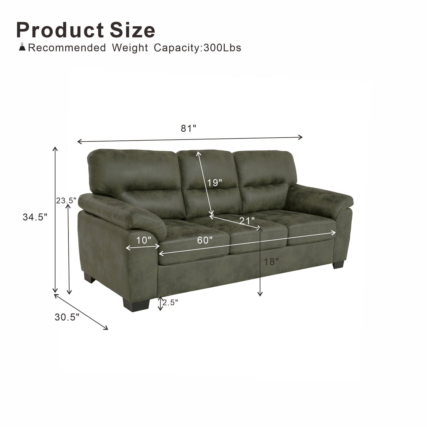 3 Seater Sofa With Padded Armrests And Triangular Leg Home Essentials