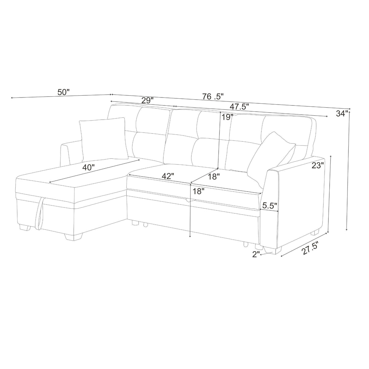 Upholstered Sectional & Pull Out Bed And Chaise Storage Home Essentials