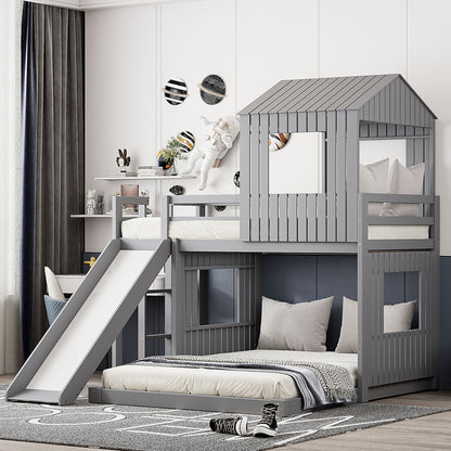 Loft Bunk Bed With Playhouse, Farmhouse, Ladder, Slide And Guardrails DreamHaus