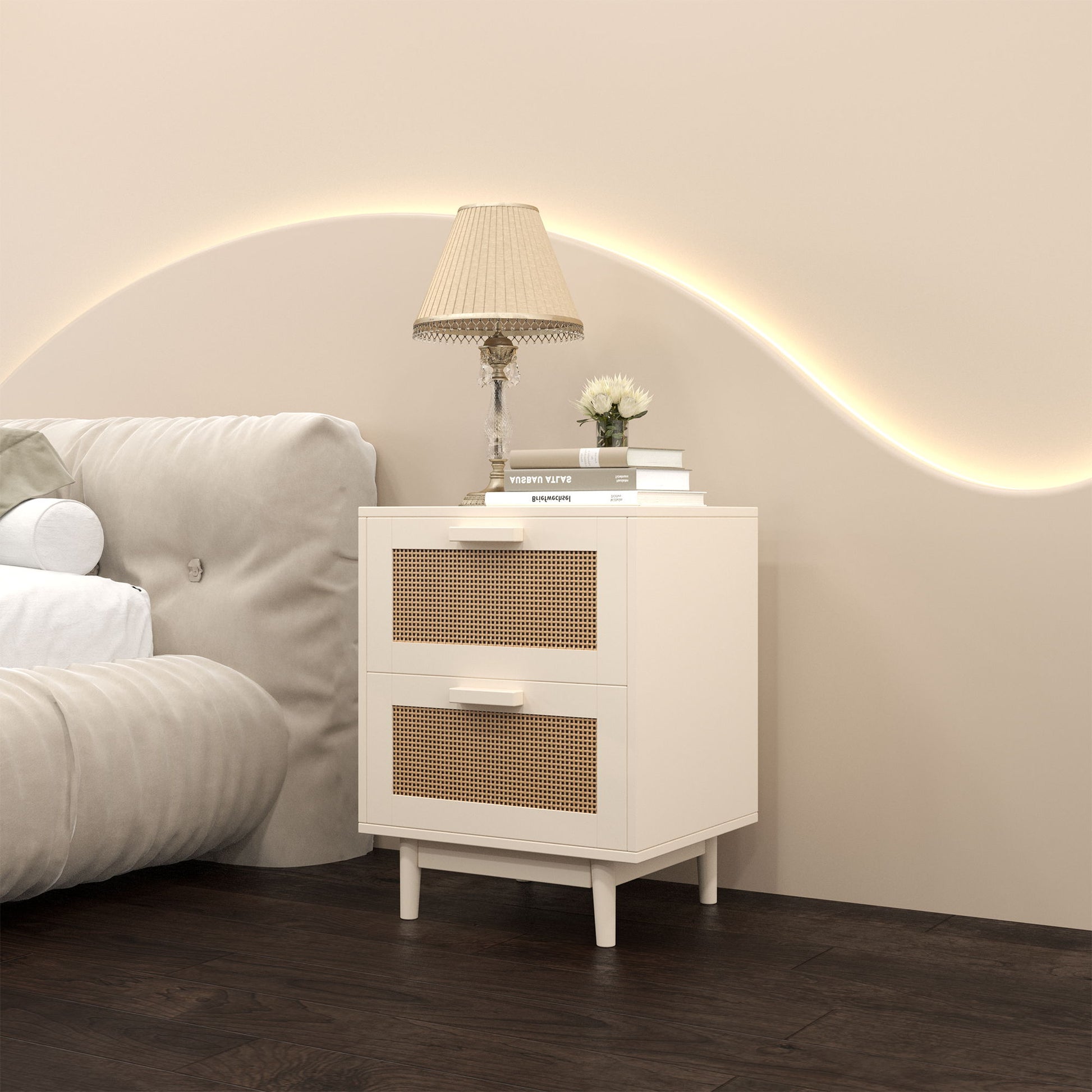 Nightstand With 2 Drawers, Storage Side Table For Bedroom - Antique Natural / Rattan Home Essentials