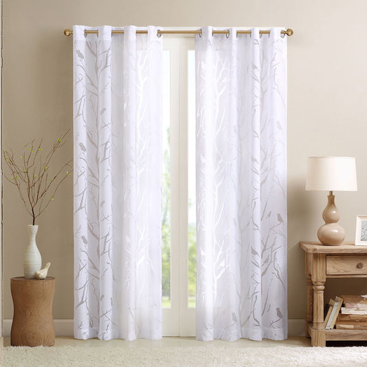 Averil - 63" Grommet Top Sheer Bird On Branches Burnout Window Curtain - White Madison Park