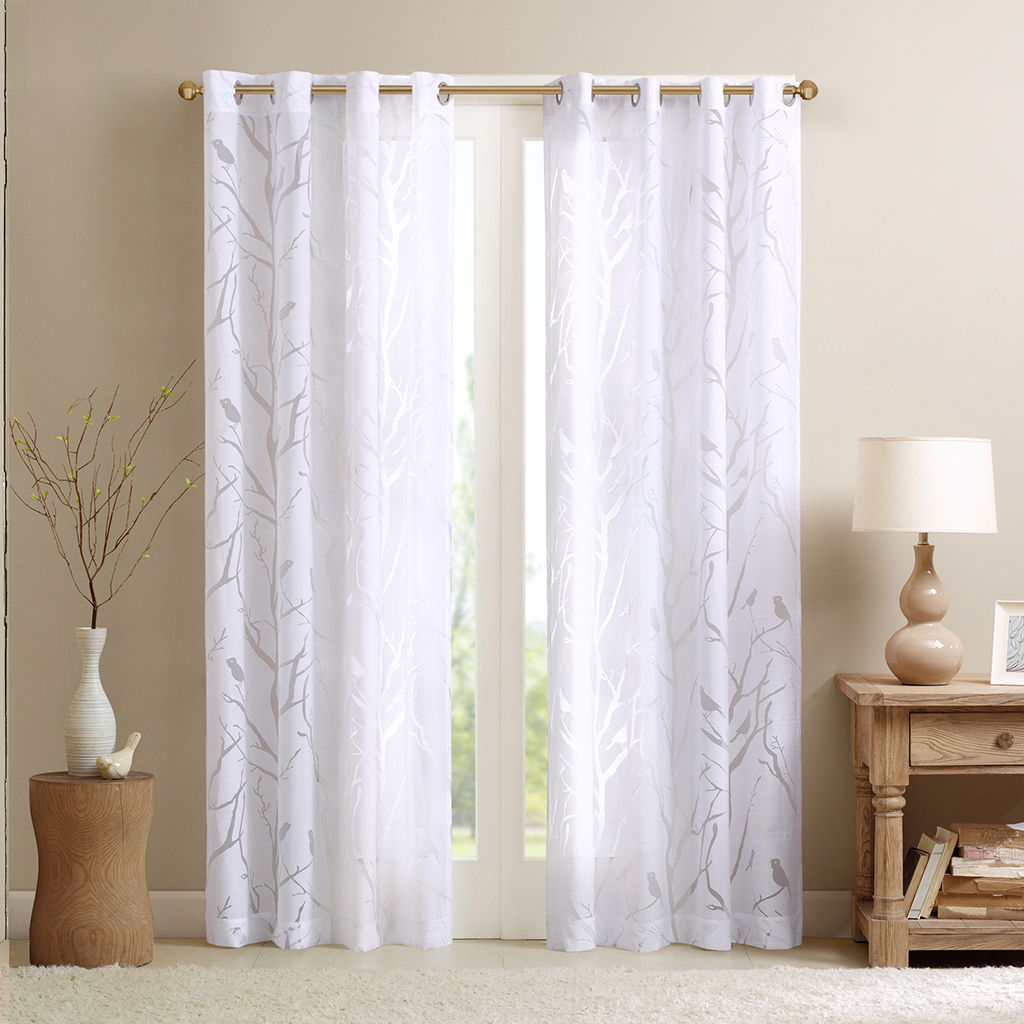 Averil - 95" Grommet Top Sheer Bird On Branches Burnout Window Curtain - White Madison Park
