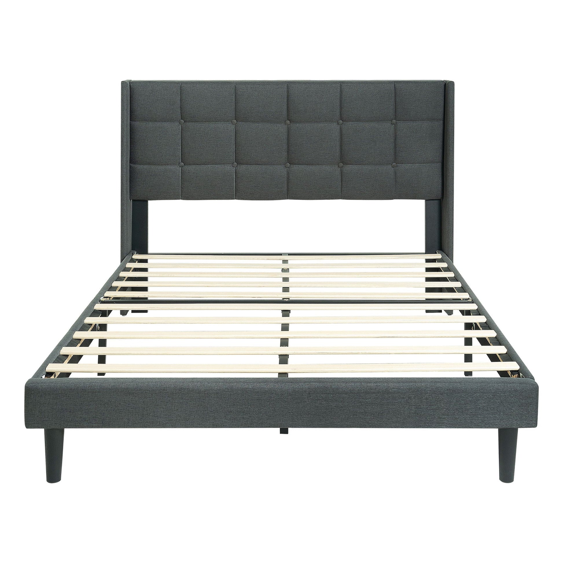 Queen Size Upholstered Platform Bed Frame With Button Tufted Linen Fabric Headboard - Dark Gray Home Essentials