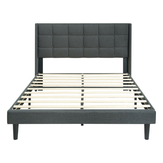 Queen Size Upholstered Platform Bed Frame With Button Tufted Linen Fabric Headboard - Dark Gray Home Essentials