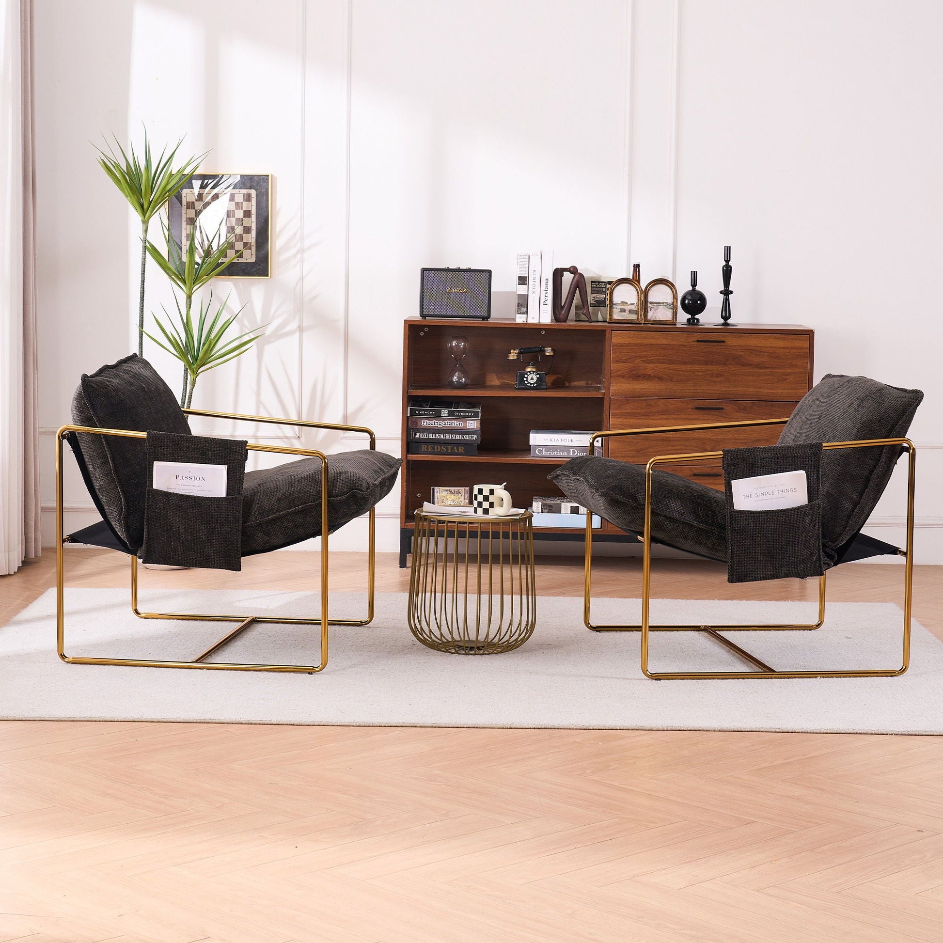 Upholstered Hanging Armchair With Arm Pocketsmetal Frame (Set of 2), Gold-Plated Craftsmanship, Crushed Foam Cushions And Skin-Friendly Woven Fabric For Living Room And Bedroom Home Essentials