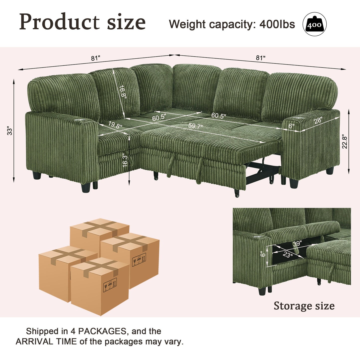 L-Shaped Sofa With Pull Out Sofa Bed With USB Home Essentials