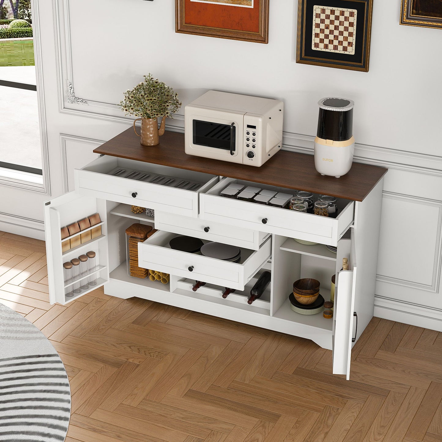 Rustic Farmhouse Kitchen Island With Storage Cabinet, Wood Top Breakfast Bar - White Home Essentials