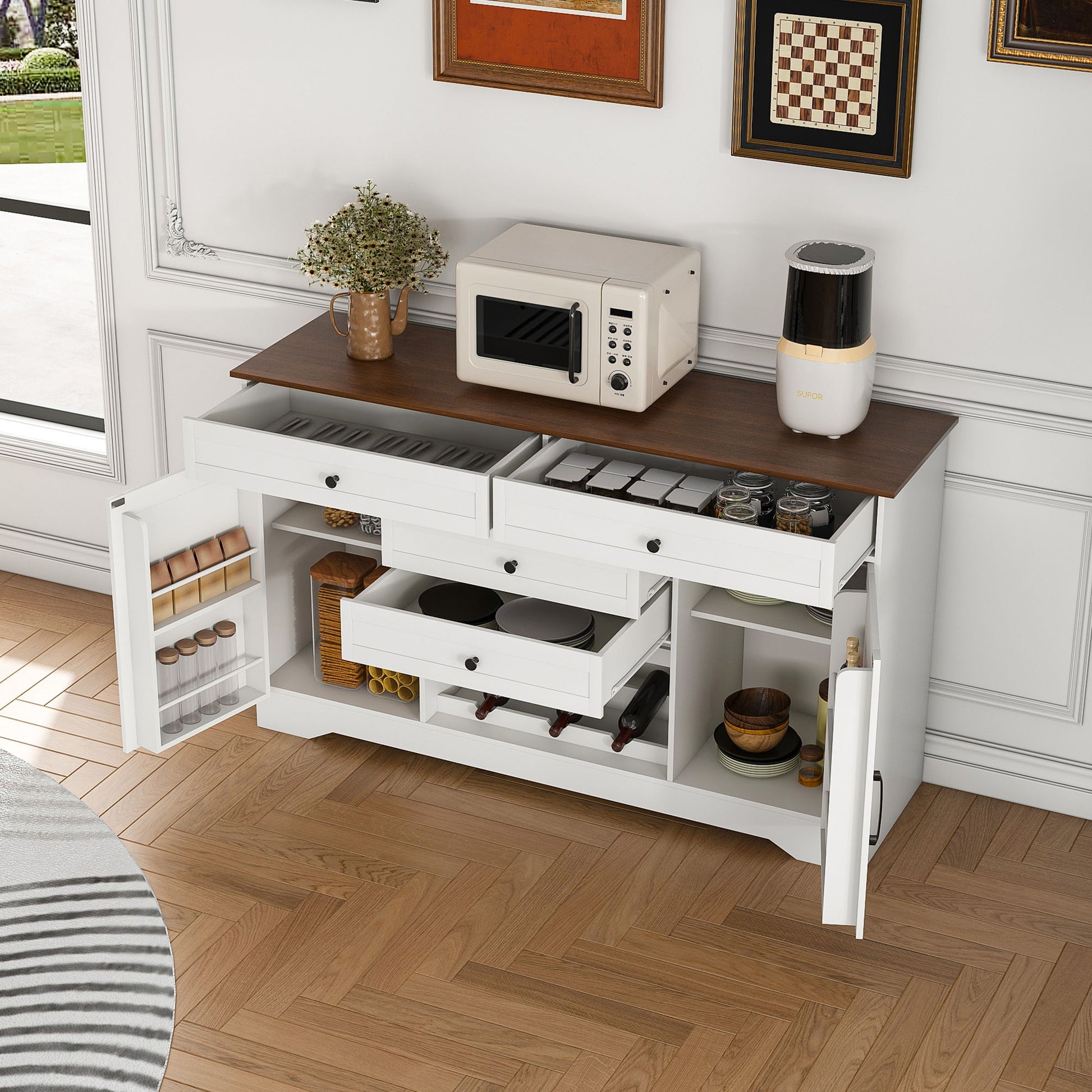 Rustic Farmhouse Kitchen Island With Storage Cabinet, Wood Top Breakfast Bar - White Home Essentials