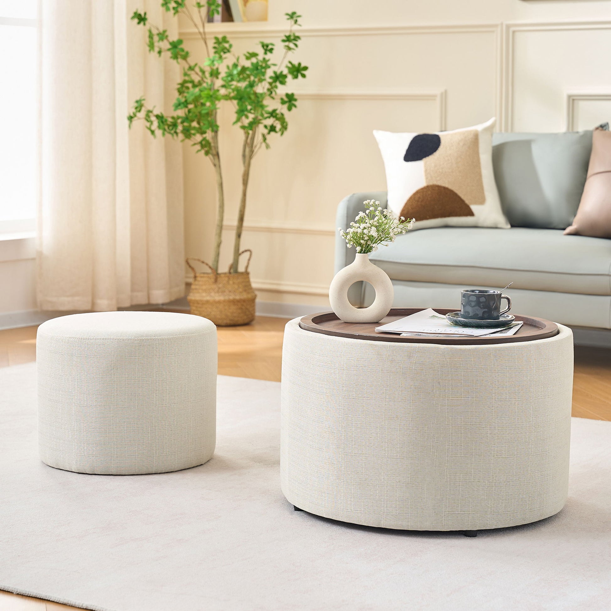 Nesting Ottomans, Round Coffee Table & Bench With Tray (Set of 2) Home Essentials