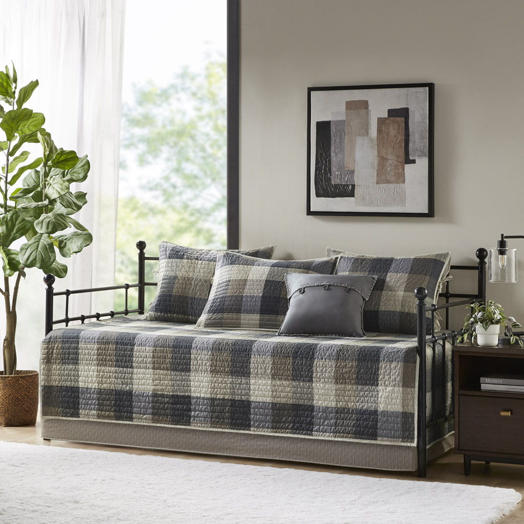 Ridge - 6 Piece Reversible Plaid Daybed Cover Set - Neutral