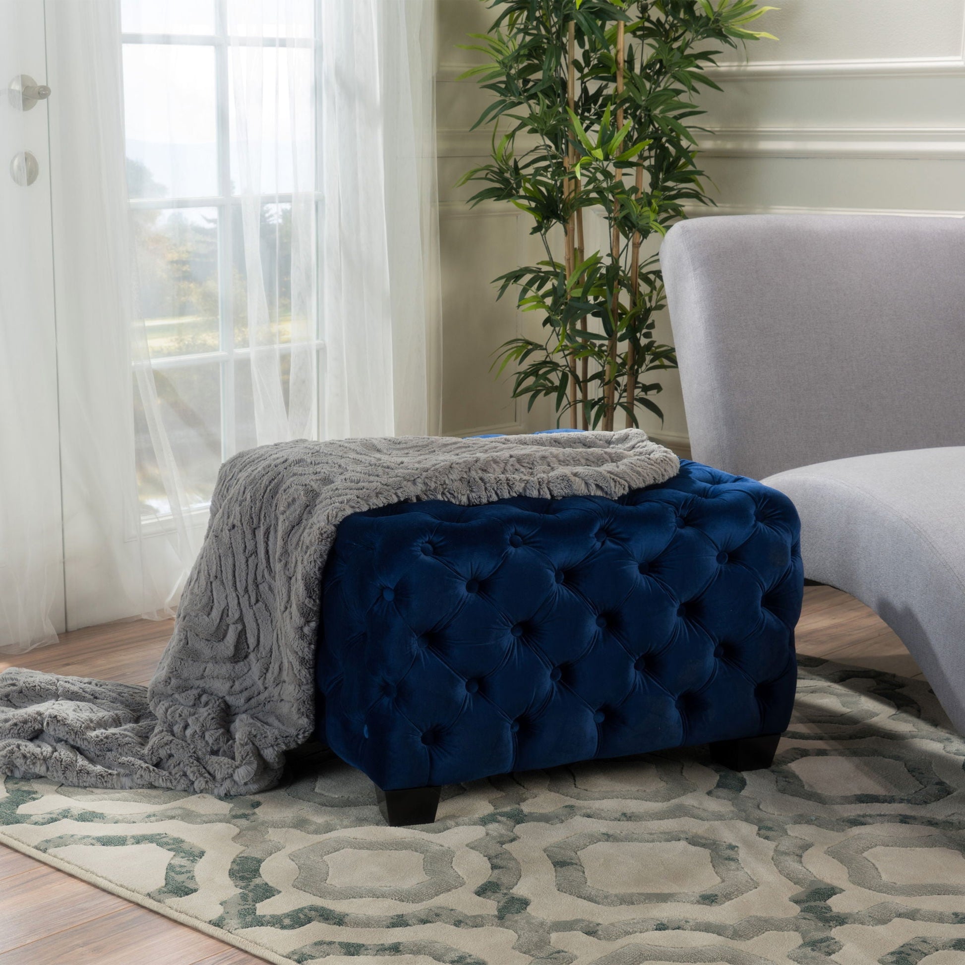 Modern Glam Ottoman With Velvet Upholstery And Button Tufted Design Noble House