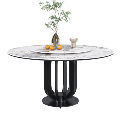 Round Dining Table With Carbon Steel Base And Lazy Susan Industrial Style - Black / White Home Essentials