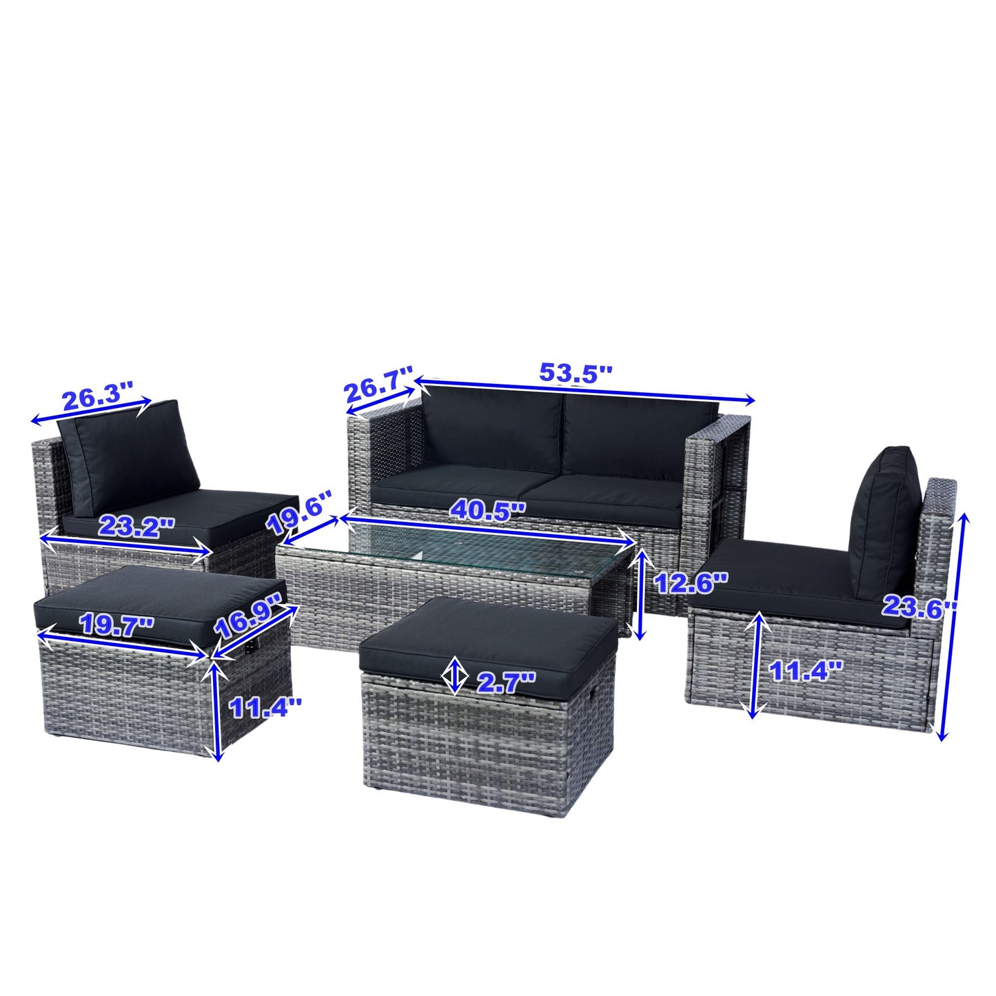 6 Piece Patio Wicker Sectional Set Patio Backyard Conversation Set Space Saving - Gray / Black Home Essentials