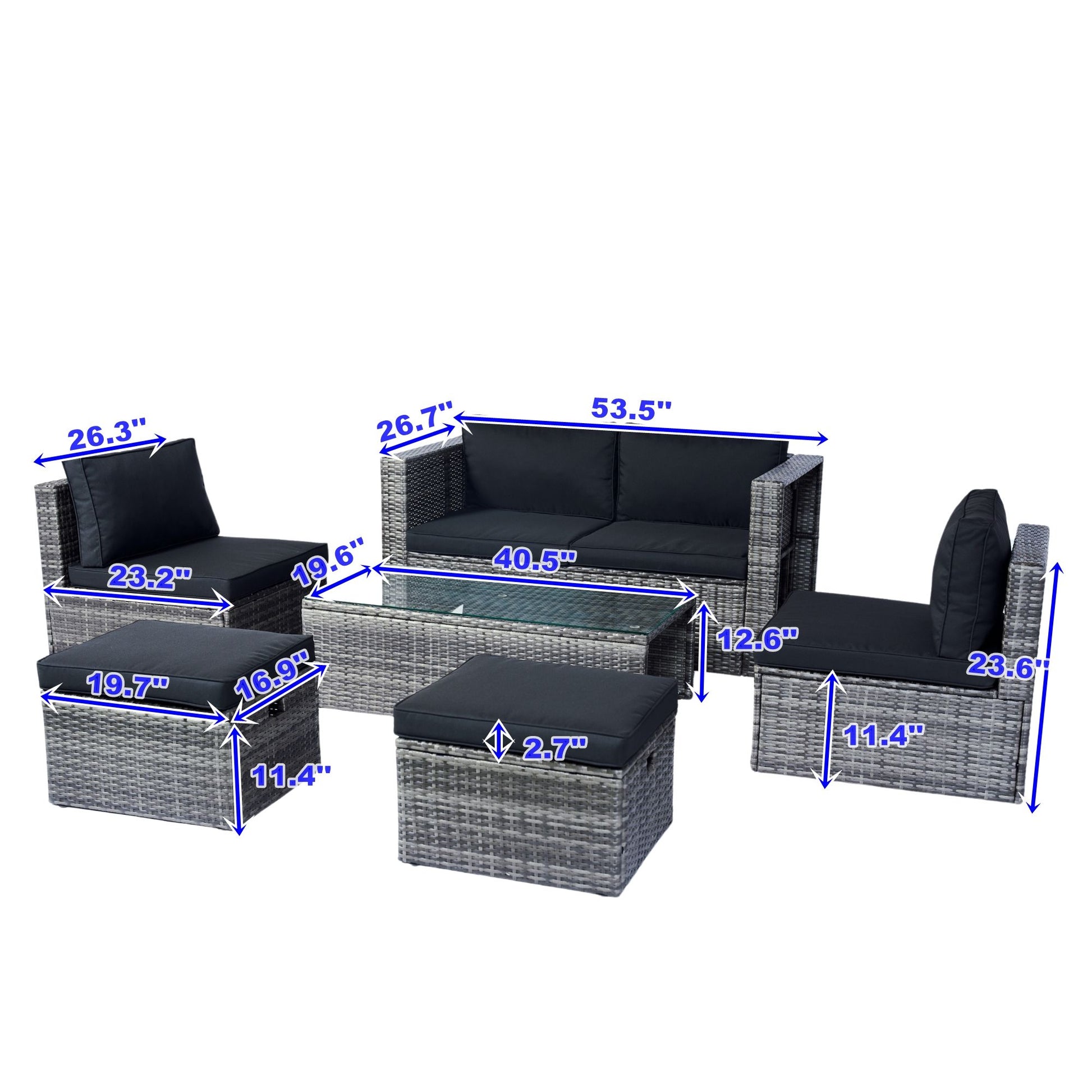 6 Piece Patio Wicker Sectional Set Patio Backyard Conversation Set Space Saving - Gray / Black Home Essentials