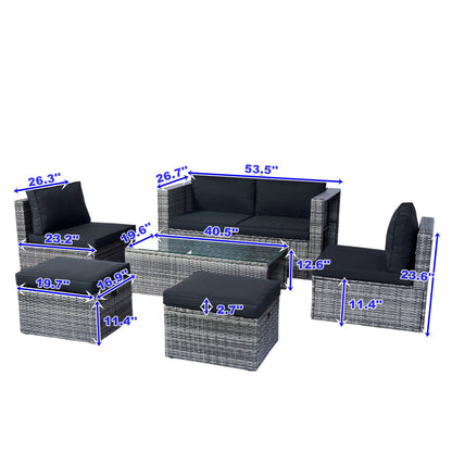 6 Piece Patio Wicker Sectional Set Patio Backyard Conversation Set Space Saving - Gray / Black Home Essentials
