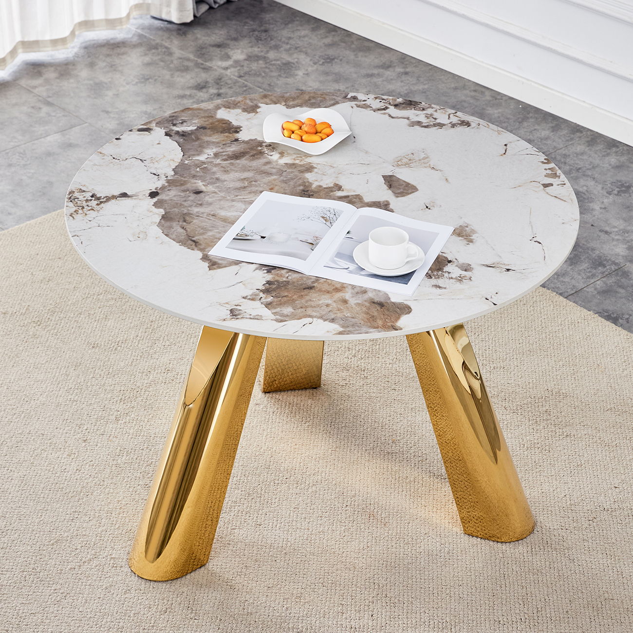Marble Grained Stone Round Table Three - Legged Round Table With Stainless Steel Plated Legs Natural Healthy And Environmentally Friendly Round Table Home Essentials