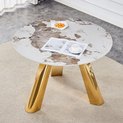 Marble Grained Stone Round Table Three - Legged Round Table With Stainless Steel Plated Legs Natural Healthy And Environmentally Friendly Round Table Home Essentials