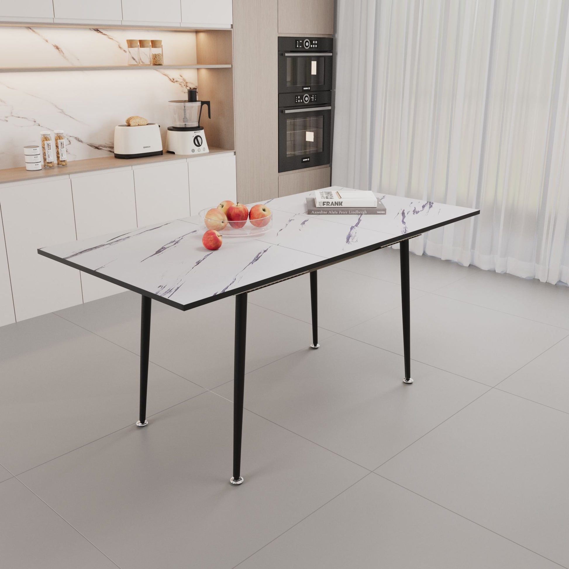 Modern Industrial Expandable Dining Table 47" To With Marble Pattern Top And Metal Legs - White Home Essentials