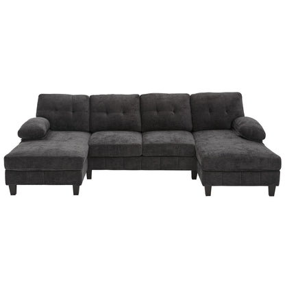 U-Shaped Sectional Sofa 103.5" Black Chenille Fabric Couch With Dual Chaise Lounges, Storage Pockets, Armrest Pillows Hearth and Haven