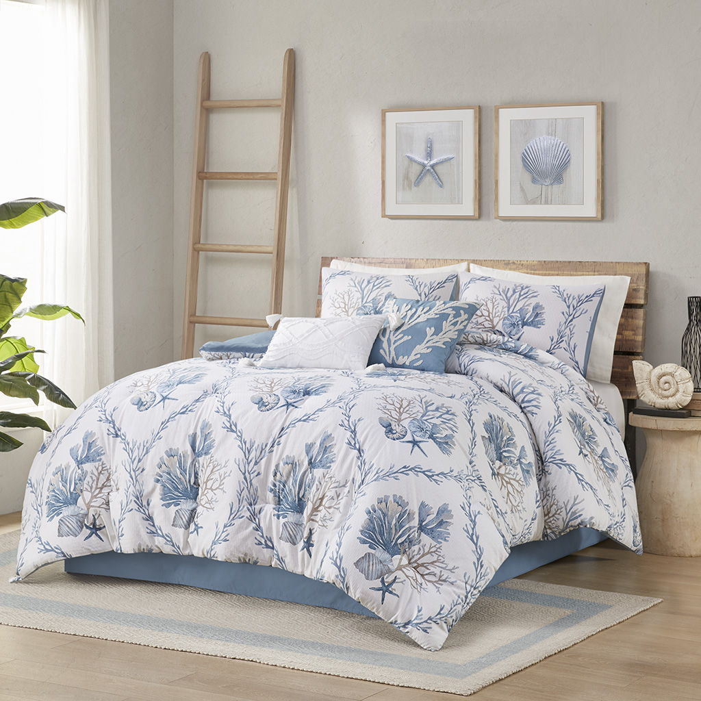 Pismo Beach - 6 Piece Full Oversized Cotton Comforter Set With Throw Pillows - Blue/White