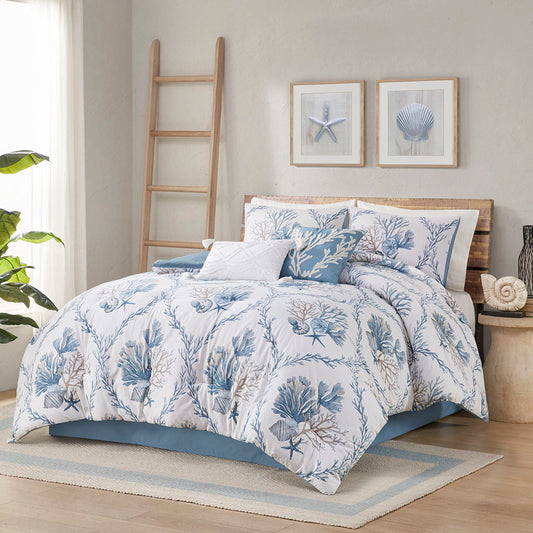 Pismo Beach - 6 Piece Queen Oversized Cotton Comforter Set With Throw Pillows - Blue/White