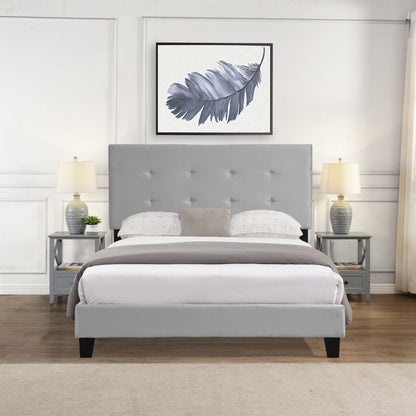 Full Size Upholstered Platform Bed Frame With Tufted Headboard, Strong Wood Slat Support - Gray Home Essentials
