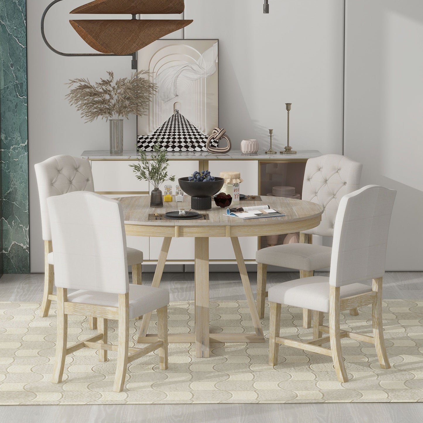 Retro Functional Dining Set, Round Table With Leaf And Upholstered Chairs For Dining Room And Living Room